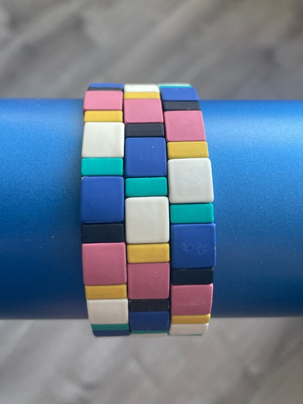 Set of 3 Multi-Color Silicone Tile Bead Stretch Bracelets in Primary Colors